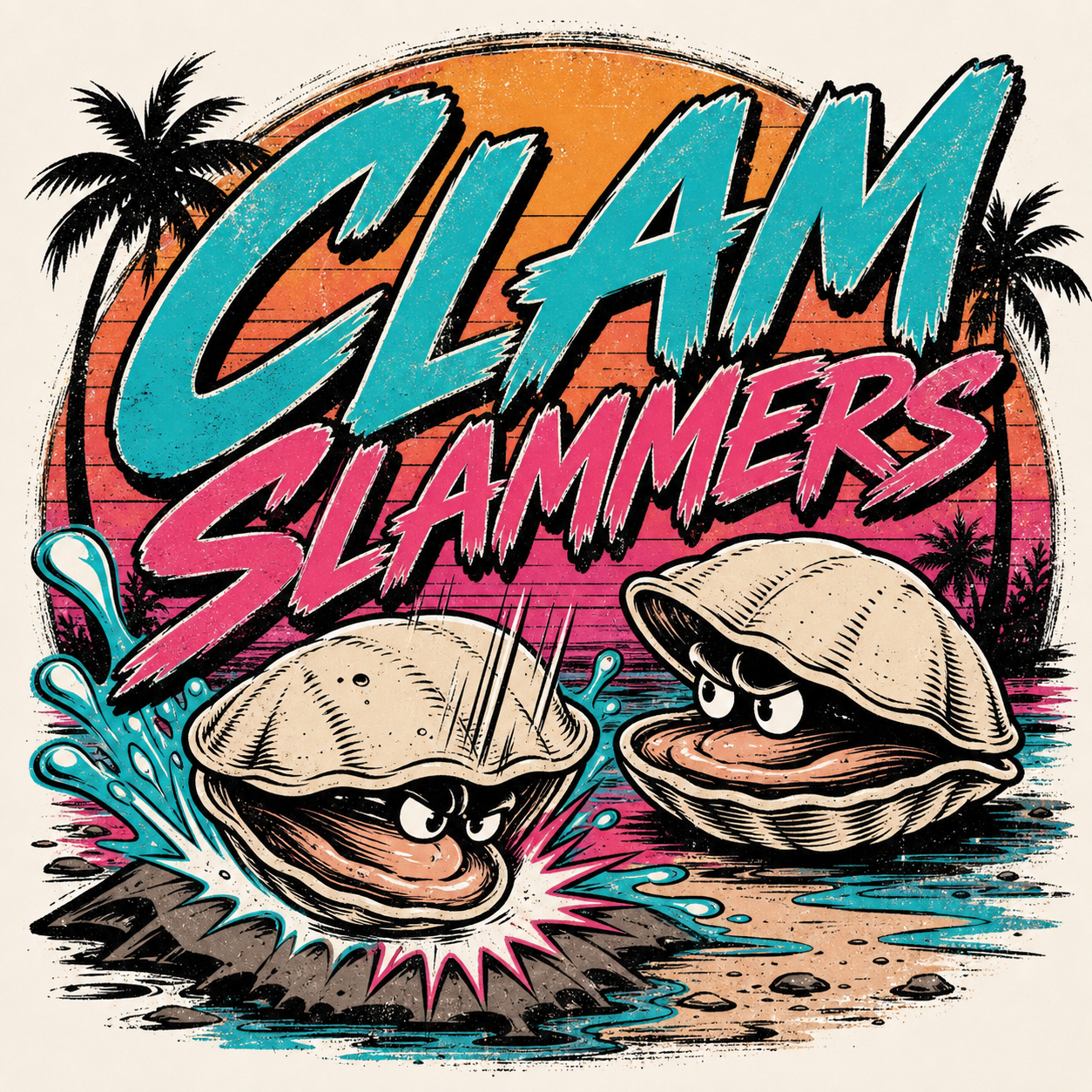 90s beach shop Clam Slammers graphic with neon text, sunset stripes, and inked clams slamming at low tide.
