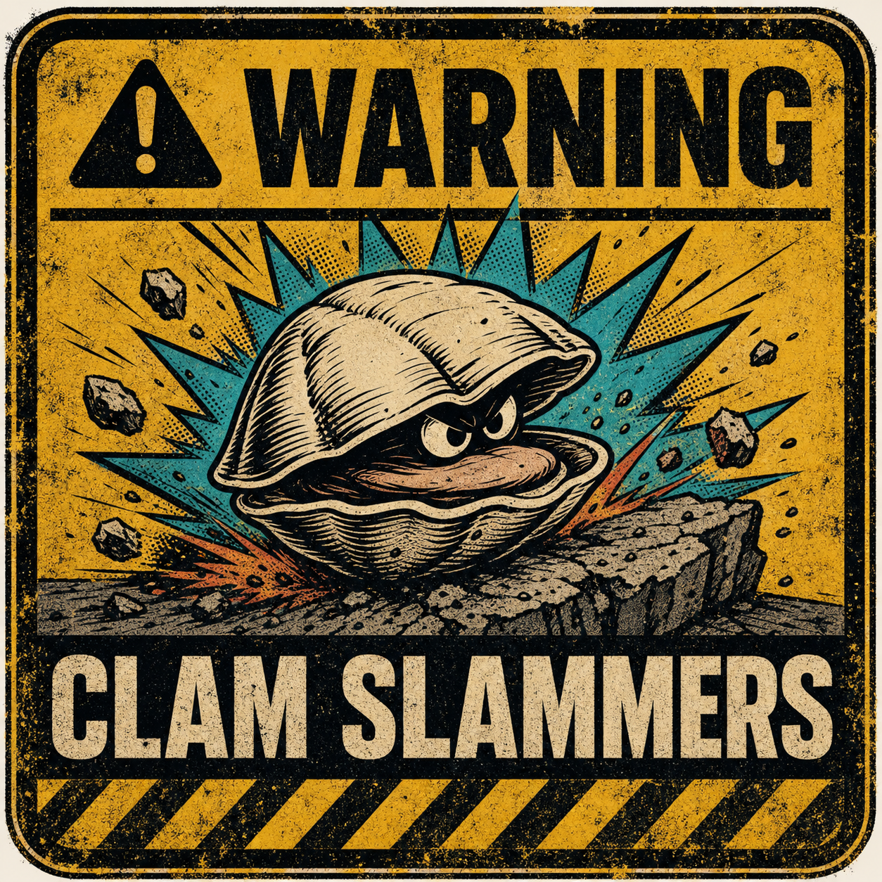 Distressed yellow Clam Slammers warning sign with an inked clam slamming into a rock surface.