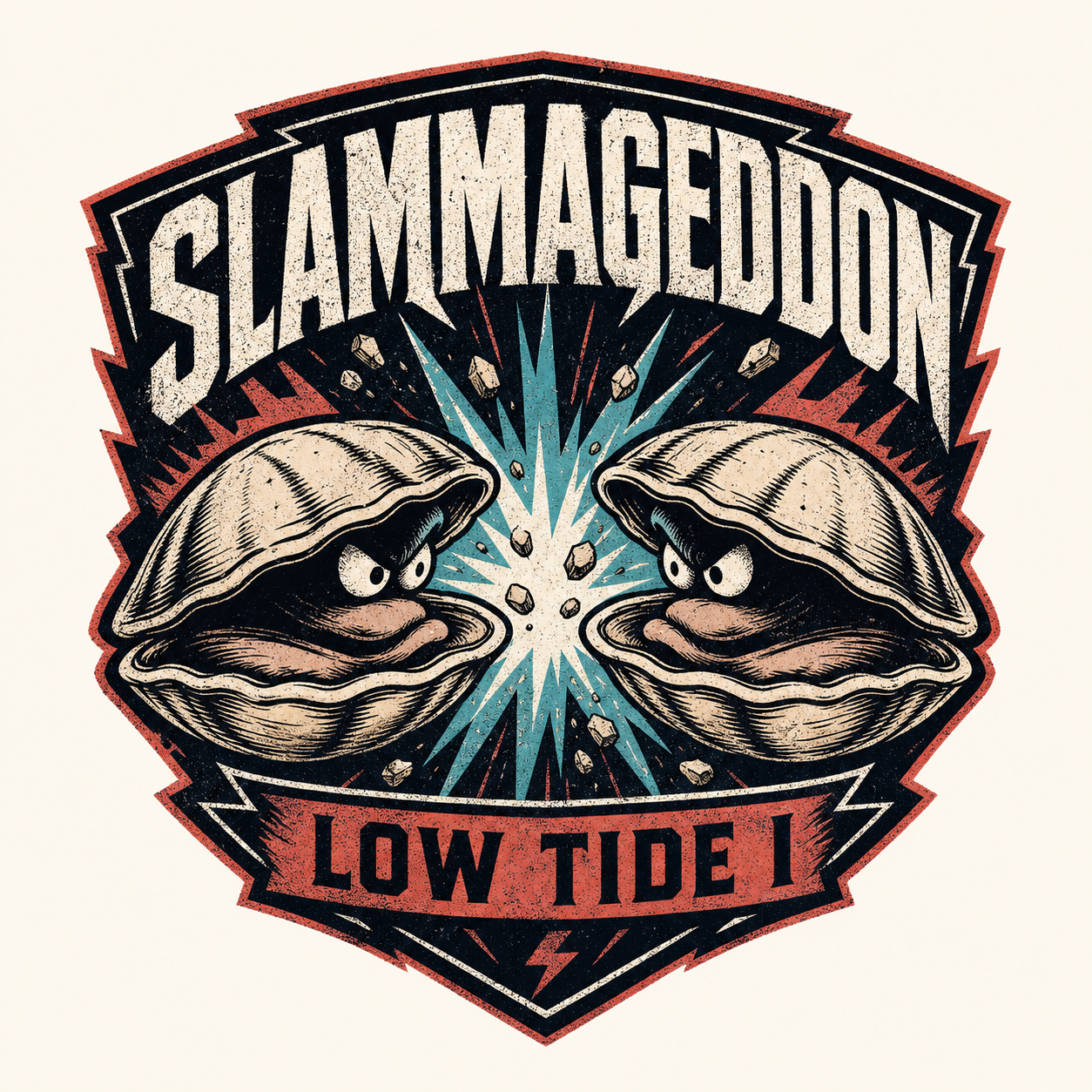Distressed extreme sports crest showing two angry cartoon clams facing off around a teal impact burst.